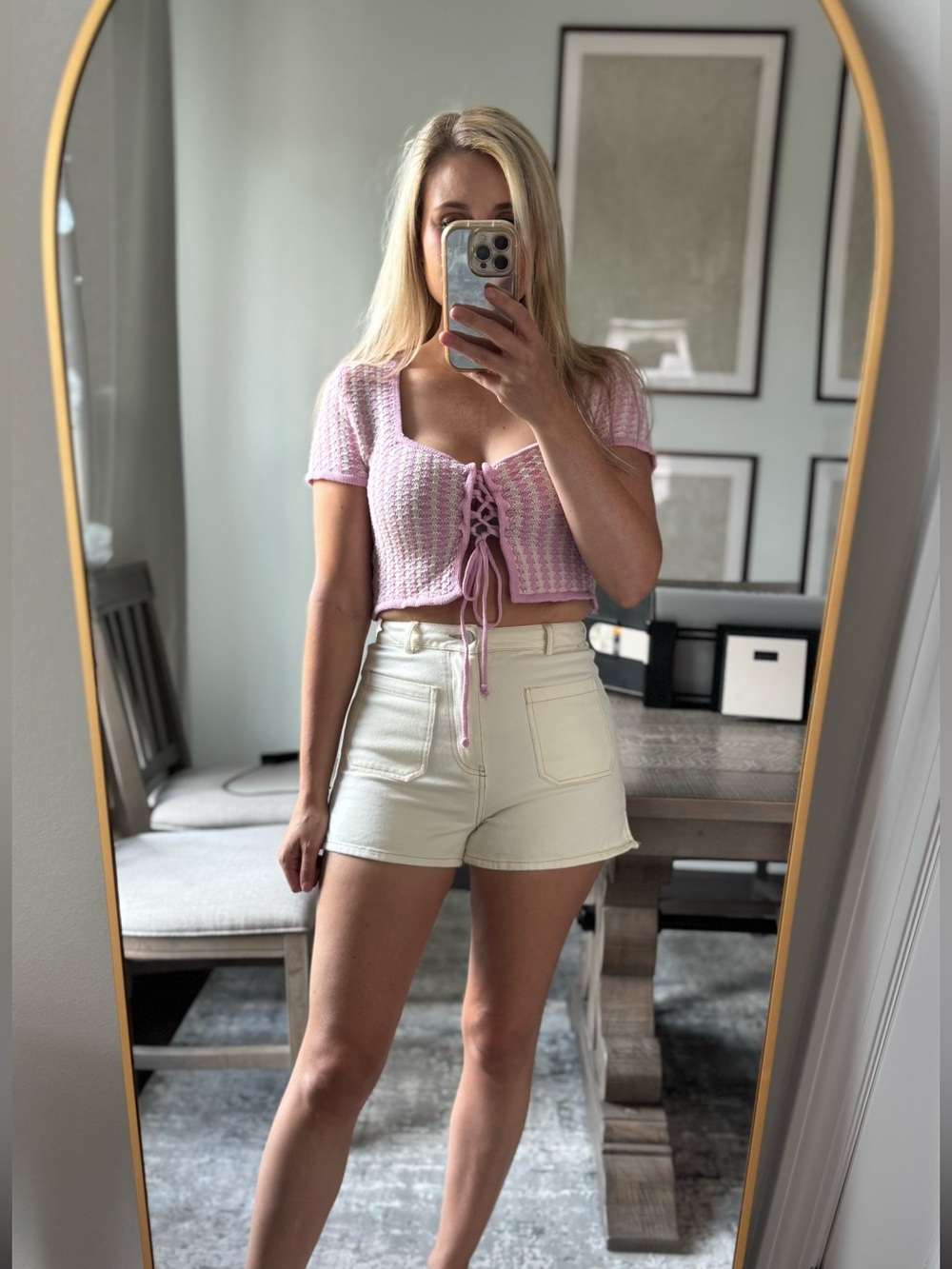 Pink and Cream Knit Square Neck Girly Sweet Crop Top - Picture 2 of 13